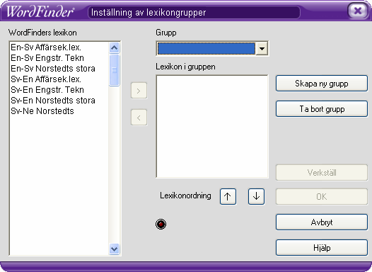 Lexikongrupper Med denna funktion kan du gruppera lexikon som har samma utgångsspråk. Funktionen Gruppera lexikon använder du med fördel när du har många lexikon.