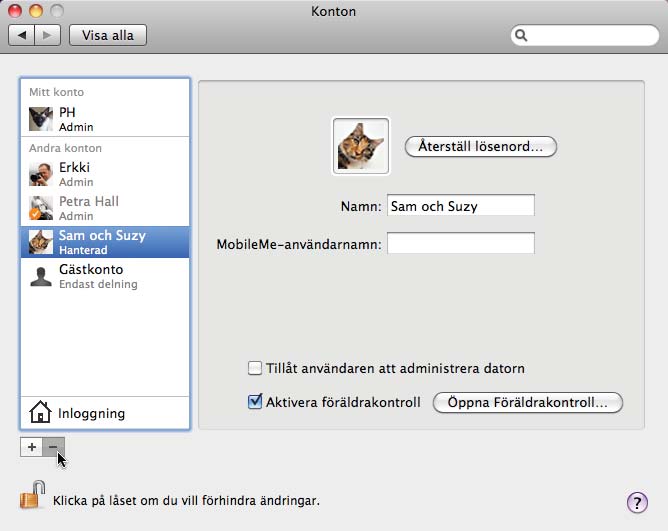 229 För att ta bort en användare, klicka på användaren i listan och klicka på minusknappen.