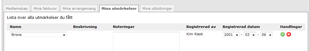 Då finns möjlighet att redigera informationen på utmärkelsen. I formuläret finns två knappar - en grön med vit bock som sparar dina ändringar, samt en röd med ett kryss som avbryter.