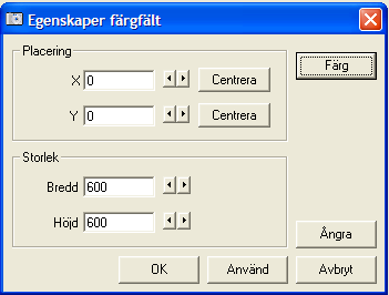 Dubbelklicka på den lilla grå kvadraten. Egenskapsrutan för färgfält kommer upp. Man kan placera färgfält på exakt samma sätt som textfält genom att placera det i X- eller Y- led och/eller centrera.