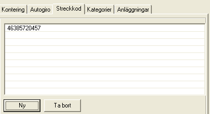Här anges vilken kontosträng den aktuella artikeln ska ha. De rubriker som finns (i exemplet Konto, Moms, Anläggning, Verksamhet) är olika för varje anläggning och dessa bestäms alltså av er själva.