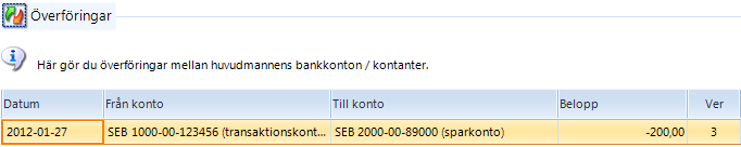 Överföringar Funktionen överföringar används när du skall flytta pengar mellan huvudmannens konton. En överföring innefattar två bankkonton, ett frånkonto och ett tillkonto.