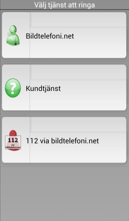 Kundtjänst Kundtjänst: Genom att trycka på denna ikon ringer du ett videosamtal till tjänstens kundtjänst där du kan få information och ställa frågor om bildtelefoni.net 112 via bildtelefoni.