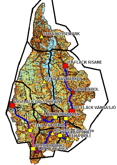 Kommunen har låtit göra en förstudie om fiberområden i kommunen. Nedanstående karta är en skiss över möjliga områden. Inom alla fiberområden utom ett pågår redan arbeten.