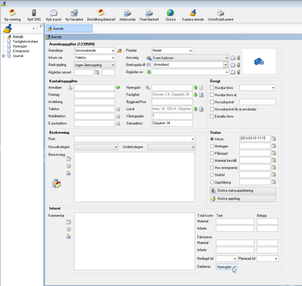 Nyhetsbrev - Vitec Capifast CRM 6.1 Debitering av servicekostnaden På lokalernas flik Area/Hyra kan du nu markera att serviceärendekostnaden ska debiteras.