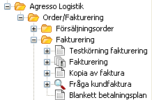 Fakturering När fakturan är färdig för att skickas till kund, gå då vidare och välj Agresso logistik, Order/Fakturering, Fakturering, Fakturering.