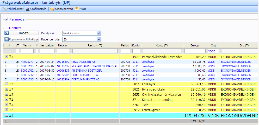 Resultatet visar fakturakostnaderna per konto. Om du vill se fakturorna bakom en viss kostnad, klicka på + för att veckla ut och se verifikationerna.