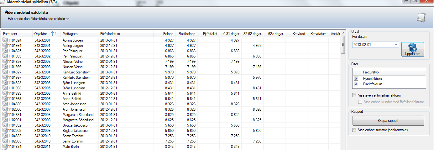ÅLDERSFÖRDELAD SALDOLISTA Under Reskontra finns en ny rapport som heter åldersfördelad saldolista. Här visas förfallna belopp uppdelade i intervaller.