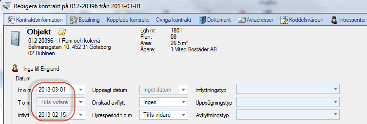 Kontrakt JUSTERING I KONTRAKTSBEVAKNING OCH KONTRAKTSFÖRLÄNGNING Kolumnen med saldo har tagits bort och sju nya kolumner har lagts till: Hyra/m2, Årshyra, Tillägg/avdrag/kvm, Tillägg/avdrag/år,