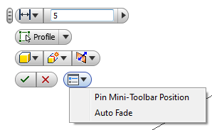 Mini Toolbar I Inventor 2013 har det tillkommit fler val när det gäller visning av dialogrutor i de olika verktygen.