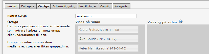 Här ser du nu de personer som tidigare i medlemsregistret fått rollen UTÖVARE. Vill du inte att någon av dessa personer ska synas på truppsidan så gäller drag och släpp funktionen.