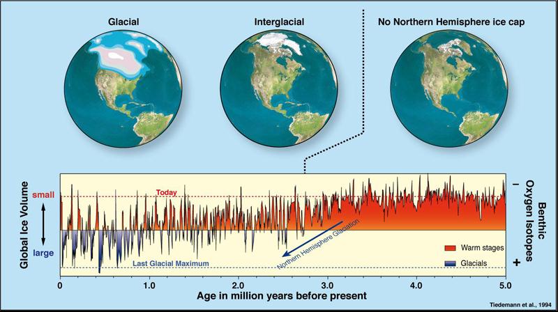 Diagram över jordens klimatförändringar under 5 miljoner år: Grönlandsisen är norra halvklotets främsta klimatarkiv under de senaste 130 000 åren.