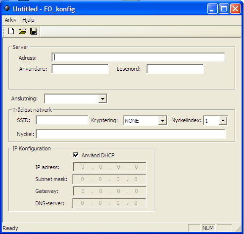 Konfigurationsprogram LAN / WiFi / för PC För att kunna använda EO_konfig i en PC krävs Windows 2000 eller högre. Den krypterade konfigurationsfilen från E.L. System sparas i rootkatalogen på ett USB-minnet och öppnas i EO_konfig.