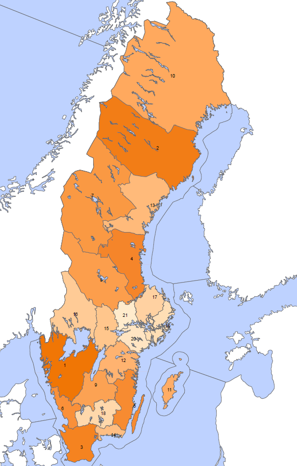Länsranking TWh 1. Västra Götalands län 1,55 2. Västerbottens län 1,33 3. Skåne län 1,13 4. Gävleborgs län,84 5. Kalmar län,66 6. Hallands län,65 7. Jämtlands län,64 8. Dalarnas län,62 9.