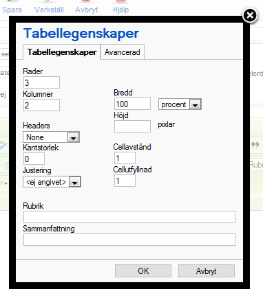 Vanligtvis kommer du att veta hur många rader och kolumner som du vill önskar till din tabell, men i den här övningen behöver du inte ändra siffrorna.