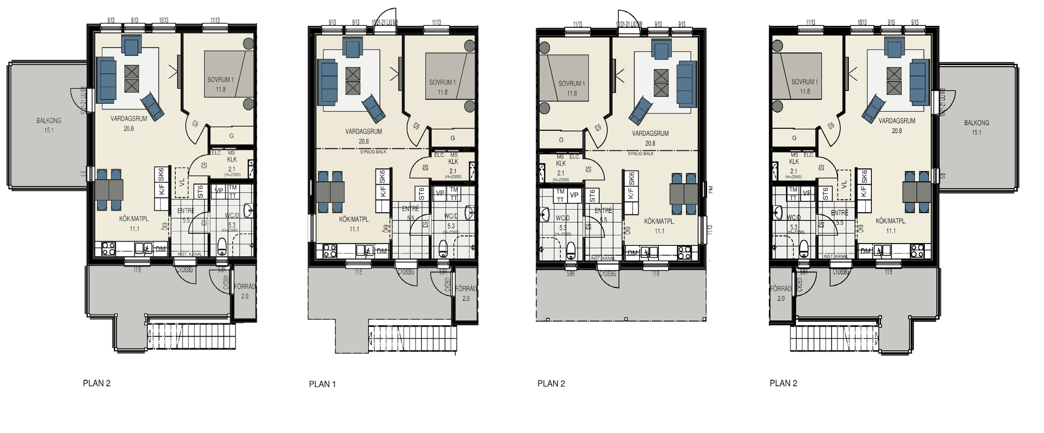 2 ROK, 59 m² + förråd Antal: 28 st Hyra: 7 800 kr/mån