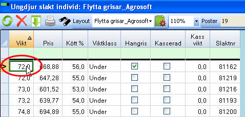 Flytta slakt - välj grisar själv Om man vill flytta vissa grisar, t.ex. en viss köttprocent eller vikt måste man göra på ett annat sätt: 1.