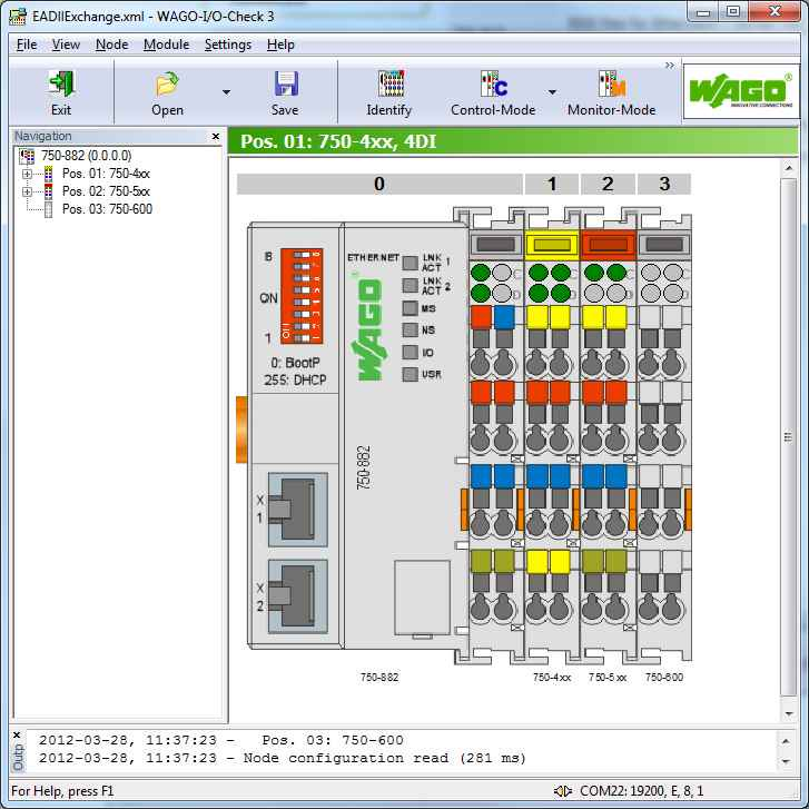 PLC Configuration del 3 -Se till så att det är rätt kommunikationsätt inställt under Settings > Communcation -Välj Identify -Om moduler har 750-4xx / 750-5xx kan man högerklicka på dessa och välja