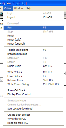 Flasha projekt till controller Online > Login Från denna meny startar och stoppar man sitt program. Spara projekt till minne av PLCn. Filen heter Source.