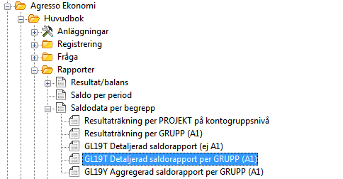 2. Rapporter i Agresso I Agresso finns en hel del olika rapporter beroende på vilken information man vill få ut (exemplet nedan visar rapporten GL19T, en detaljerad saldorapport som kan användas vid