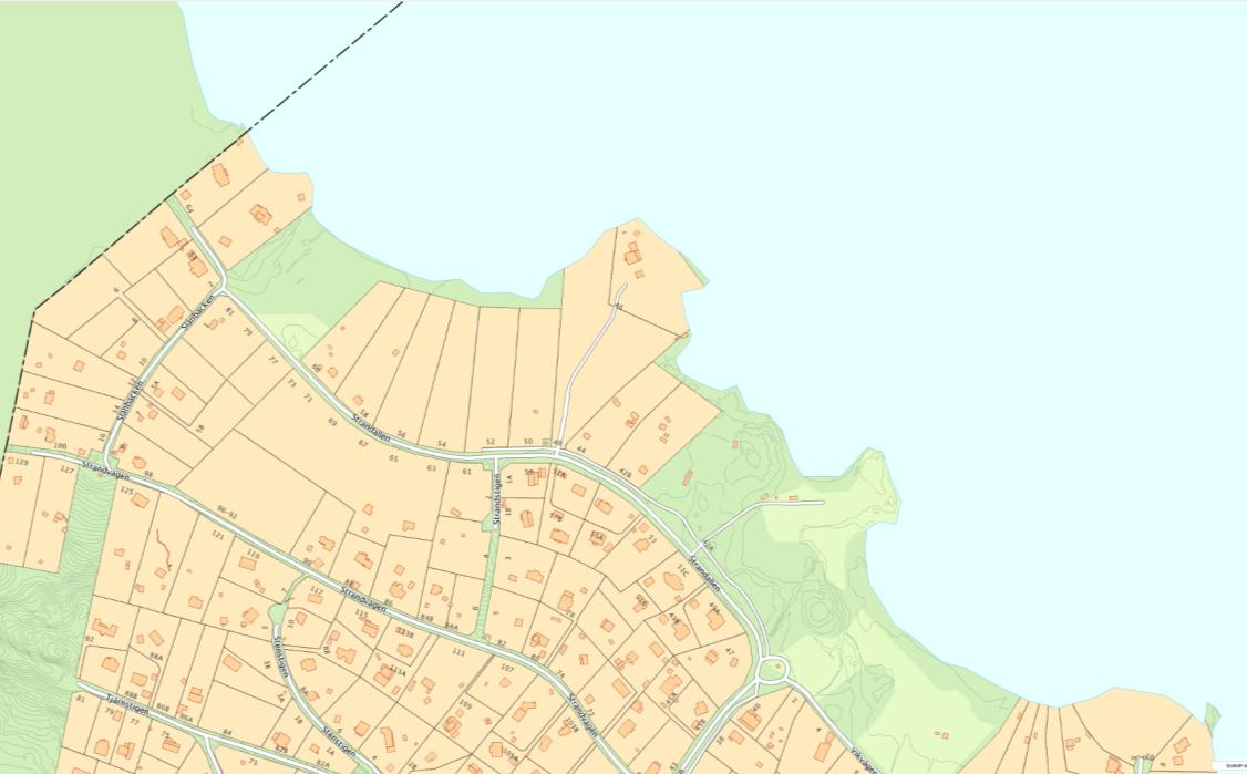 64 230 lägenheter 22 lägenheter Figur 4-28 Exploateringsområden vid Tyresö strand. Röd linje markerar förslag till förlängning av befintlig busslinje.