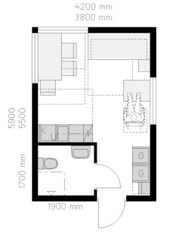 Bilaga 1 Fördjupning ekonomiska konsekvenser, avsnitt 3 109 Figur 1 Bostad på ca 21 m 2 som ryms i en byggnad på 25 m 2 Jämfört med nollalternativet kan en bostad om högst 35 m 2 nu utformas cirka 12