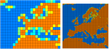 Vid modelleringen delas jordytan in i ett rutnät, och datorn beräknar sedan hur de olika fysikaliska processerna varierar mellan rutorna beroende på breddgrad, topografi, osv.