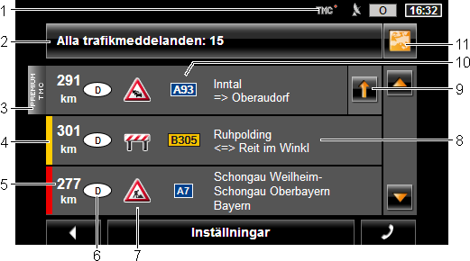 Användarmanual NAVIGON 70 Premium 70 Premium Live TRAFIKMEDDELANDEN öppnas. Du kan bläddra i listan med (Upp) resp (Ned). Klicka på (Tillbaka) för att stänga TRAFIKMEDDELANDEN igen.