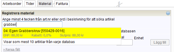 Rapportera material Låt oss börja med att skapa en egen material- prislista Börja med att välja Material Lägg in ett antal produkter som du vill ska ingå i den egendefinierade material- och