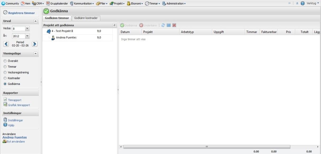 Timregistreringsmodul Från timregistreringsmodulen kan man registrera tid på ett projekt och godkänna tiden för fakturering.