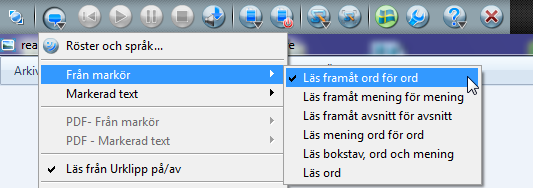 4 Uppläsning 2.2. Läs upp Läs upp från markör. Läs upp markerad text Placera markören i din text eller markera en text. Texten läses nu upp med highlight av varje ord. Välj Läs upp.