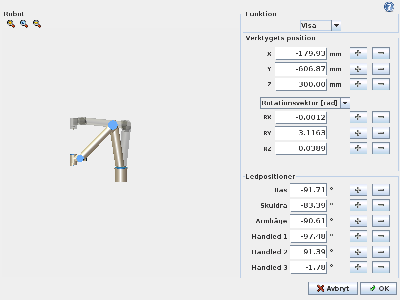 2. Redigeringsprogram på skärmen Robot Robotens nuvarande position och angiven ny målposition visas i 3D-grafik.