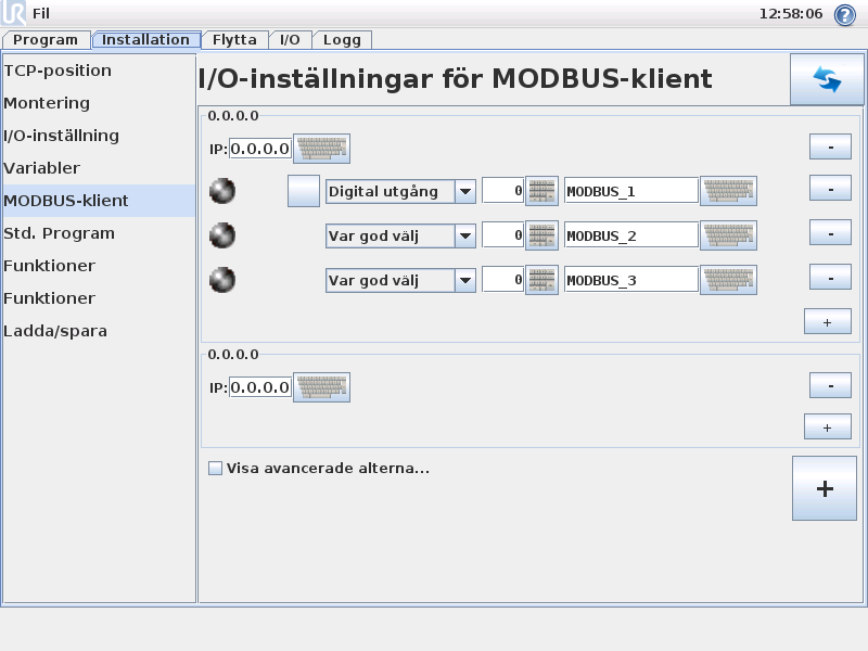 3. Robotstyrning 3.10 Installation Standardprogram Standardprogrammet laddas när manöverskåpet startas. 3.11 I/O-inställningar för MODBUS-klient Här ställs MODBUS-klientens (huvudenhetens) signaler in.