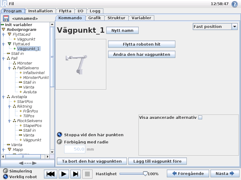 4. Programmering 4.5 Programmets kommandoflik, Fast vägpunkt En punkt längs robotens bana. Vägpunkter är den mest centrala delen i ett robotprogram, eftersom de informerar roboten om var den ska vara.