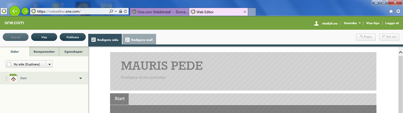 Webbsidor i Web editor Startsida Logga in på One.