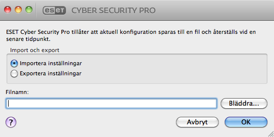 14. Övrigt 15. Ordlista 14.1 Importera och exportera inställningar 15.1 Typer av infiltreringar Det går att importera och exportera ESET Cyber Security Prokonfigurationer i fönstret Inställningar.