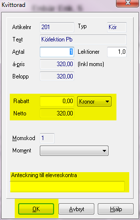 Att ge rabatt på lektion Att hantera rabatter skiljer sig även detta en del från tidigare versioner av astra Kassa. Rabatter ges nu på tjänsten (t.ex.