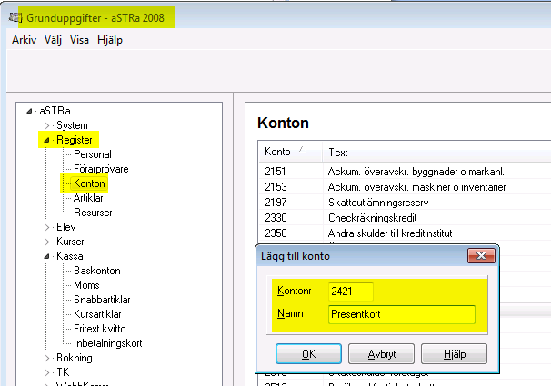 Skapa konton För att förenkla inför bokföring/redovisning så är rekommenderat att man anpassar astra:s baskontoplan efter trafikskolans redovisning och kontona därefter.