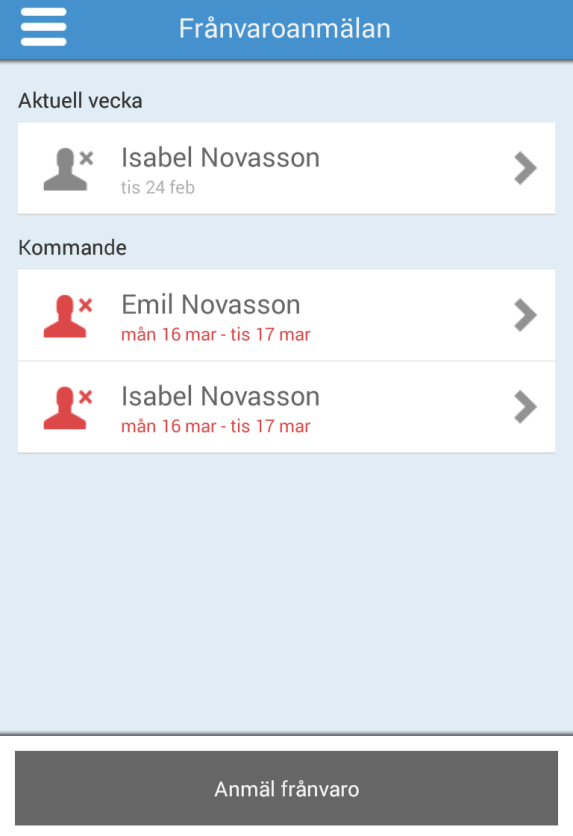 För att göra en frånvaroanmälan Vy för frånvaroanmälan Vyn visar aktuella frånvaroanmälningar för aktuell
