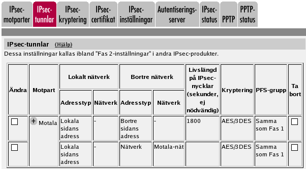 Chapter 7. VPN-uppkopplingar steg för steg Sätt en livslängd på IPsec-nycklarna om du vill. Livslängden måste vara samma på båda maskinerna.