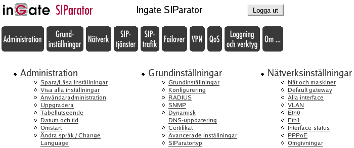 Chapter 3. Inställningar i Ingate SIParator Logga ut När man är färdig med att titta på eller göra nya inställningar bör man logga ut från SIParatorn.