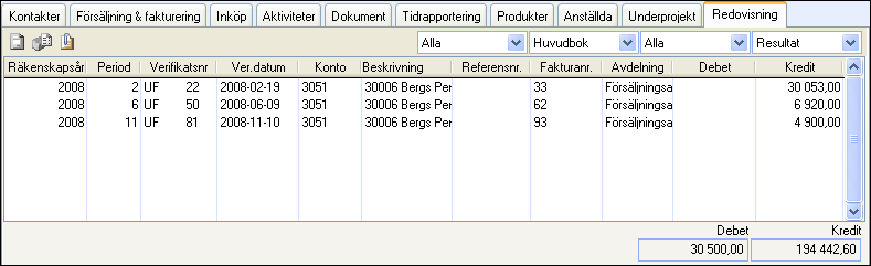 KONTAKTUPPFÖLJNING Fliken Redovisning Under fliken Redovisning har du översikt på alla verifikatsrader i huvudboken och/eller verifikatsregistreringar som är knutna till det aktuella projektet.