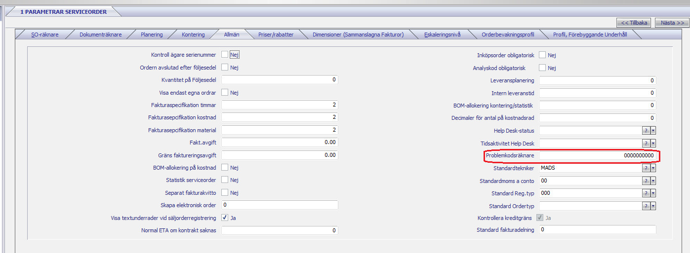 På nästa flik, Allmän, är endast parametern Problemkodsräknare årsoberoende,