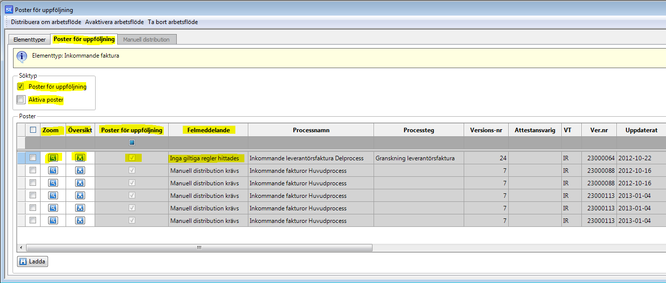 4.8 Poster för uppföljning Agresso Gemensam/Arbetsflöde/Poster för uppföljning Under menypunkten Poster för uppföljning hanteras fakturarader som fallit ur flödet.