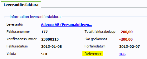 5.1.3 Fält och funktioner Information leverantörsfaktura: visar fakturainformation som fakturanummer, fakturadatum med mera. Ref.