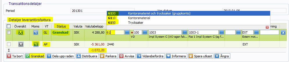 5.1.4 Detaljer leverantörsfaktura I sektionen för Detaljer leverantörsfaktura finns fakturans kontering. Konteringsdimensionerna följer konteringsregeln för angivet konto.