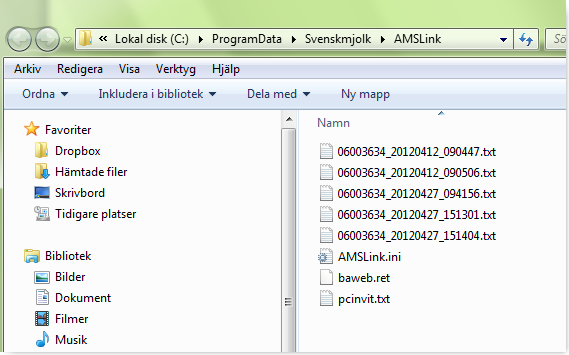 Glömt att sända fil eller om sändningen misslyckats: Under Start-knappen/Alla program/ams-link kan man välja Öppna datamapp.