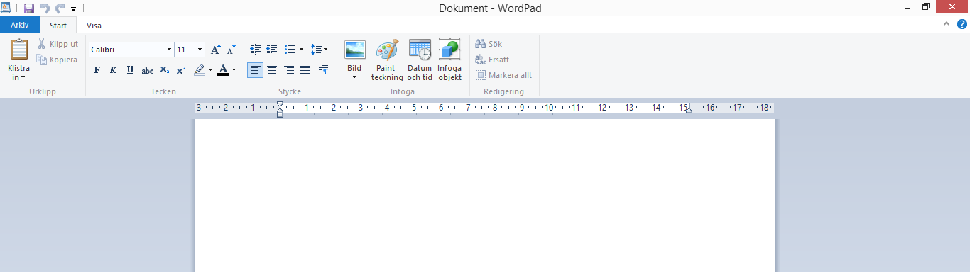 Att använda ordbehandlaren Wordpad Wordpad är ett ordbehandlingsprogram som följer med operativsystemet Windows 8. Återgå till Skrivbordet och starta Wordpad Se till att fönstret täcker hela skärmen.