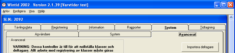 Import av anmälningar från textfil 8-3 Under fliken System / Avancerat finns möjlighet att importera deltagare och klubbar från datafil Börja med att skapa en ny tävling Importera därefter filen
