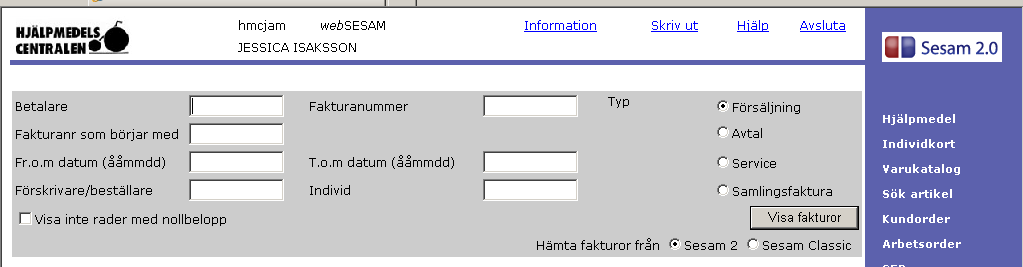 Att granska fakturaspecifikationer i websesam efaktura När du loggar in i websesam finns rubriken efaktura i menyn till höger.